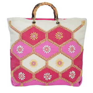 Sacs fourre-tout bohèmes chic pour femmes avec poignées en bambou, sacs de shopping et de plage brodés uniques aux prix les plus bas, vente en gros OEM - Product Image 1