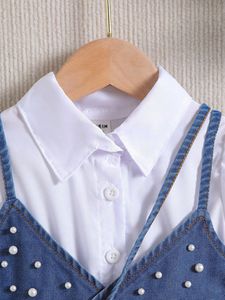 Wholesale Girls' Solid Short-sleeve <b>Patchwork</b> Petticoat With Beaded Denim Suspender Vest and Bag Girls Clothing Set 4-7Y - Product Image 3