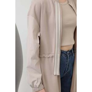 Puane Women's Beige Front Zipper & Stripe Detail Drawstring Waist <b>Dress</b> - Elegant Casual Midi <b>Dress</b> for Daily & Special - Product Image 2