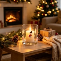 Bocal en verre cylindrique Bonhomme de neige de Noël avec bougie pilier – Vente en gros, Décoration de maison pour les fêtes, Centre de table, Cadeau personnalisé OEM
