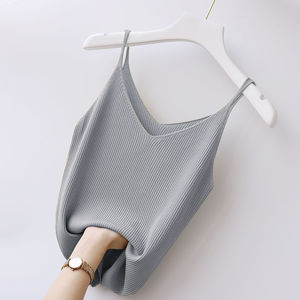 T-shirt de base pour femme en soie glacée, col en V, sexy, coupe courte, tricoté côtelé, tendance - Product Image 6