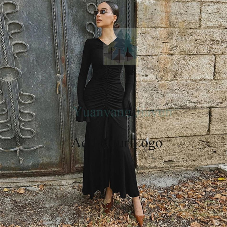 7338 Neck Long Flare Sleeve Ruched Slit Flare Dress Elegant Evening Ladies  Dress Casual Clothes Fashion Manufacturer| Alibaba.com
