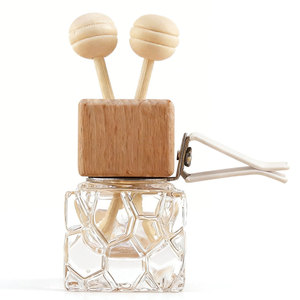 Empty 8ML Water Cube Shape <b>Car</b> Glass Perfume Bottle With Wooden Cap Metal Vent Clip - Product Image 1