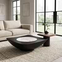 Table basse carrée sculpturale à deux niveaux en bois mat foncé, à profil bas, moderne et sophistiquée, pour salon ou espace détente