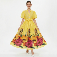 Robe décontractée personnalisée pour femme, style bohème, imprimé numérique rétro floral, coupe longue ajustée, col en V, manches bouffantes, grande jupe évasée