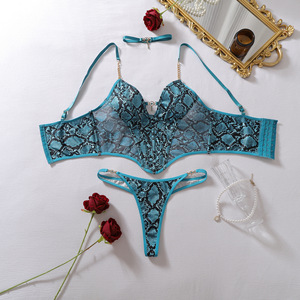 Chuangerm En stock Nouveauté 2026 Ensembles de lingerie pour femmes élégants à imprimé serpent, en maille ajourée, avec chaîne métallique et anneau de cou - Product Image 5