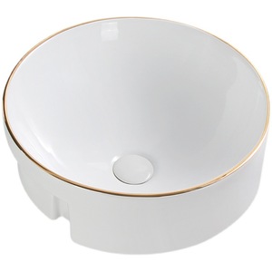 <b>Round</b> Ceramic Countertop <b>Basin</b> Semi Recessed Gold Rim Single Hole Easy Cleaning Bathroom Sink - Product Image 2