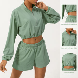 2025ジョギングウェアセットシャツショート2ピースセットクロップドトップ長袖スタンドカラーコートバイカー軽量ジャケットジム用ヨガセット - Product Image 6