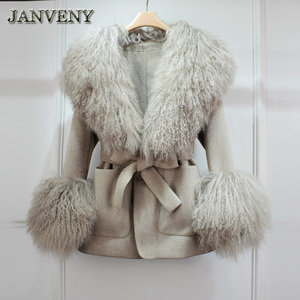 JANVENY Cappotto Ampio Invernale da <span class=keywords><strong>Donna</strong></span> 2024 in Cachemire con Collo e Polsini in Vera Pelliccia di Pecora Mongola e Allacciatura - Product Image 4