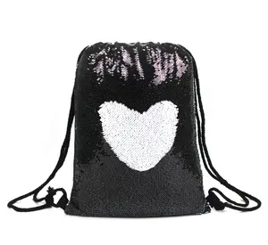 กระเป๋าเป้สะพายหลังแบบหูรูดของผู้หญิง,กระเป๋าโพลีเอสเตอร์ระเหิดสีดำปักเลื่อมแบบว่างเปล่ากำหนดเอง