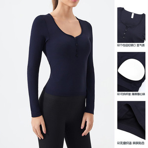 Women's Seamless Long Sleeve Yoga Top Henley Collar With Removable Bra <b>Pads</b> For Fitness And <b>Running</b> - Product Image 3