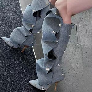 New Arrival Western Botas Alto 7.5CM Thin Heel Studded Decorated Denim Wide Calf Mujer <b>Boots</b> for Women - Product Image 2