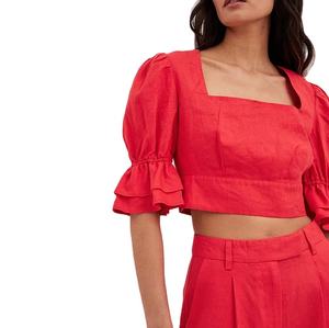 Vendita calda <span class=keywords><strong>femminile</strong></span> cravatta di lino indietro Top maniche corte aperto indietro Crop Top donna alta qualità Top - Product Image 1