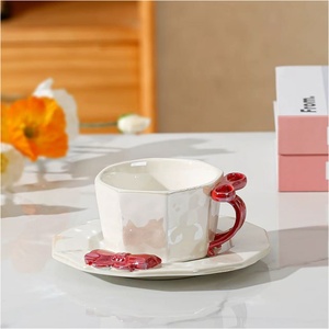 Factory Accepts Customization Handmade Bowknot Handle Exquisite <b>Ceramic</b> <b>Cup</b> Coffee Mugs With Tray for Wedding & Home Decor - Product Image 4