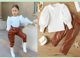 Di buona qualità 3 pezzi set di vestiti autunnali per bambine Top con maniche a sbuffo per bambini + <span class=keywords><strong>pantaloni</strong></span> di <span class=keywords><strong>pelle</strong></span> + cintura tinta unita - Product Image 2