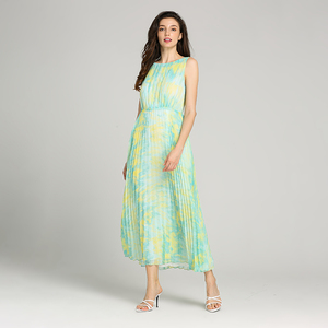 La tendencia de la moda de <span class=keywords><strong>aqua</strong></span> hielo poliéster Impresión digital plisado sin mangas de las mujeres, vestido casual ropa - Product Image 4