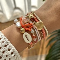 Ensemble de bracelets bohèmes faits à la main pour femmes, en alliage de zinc, avec étoiles de mer, coquillages, coraux, perles imitation perle, thème océan