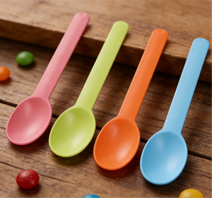 Cuillère à dessert jetable personnalisée pour crème glacée et yaourt, biodégradable en PLA avec plastique multicolore - Product Image 1