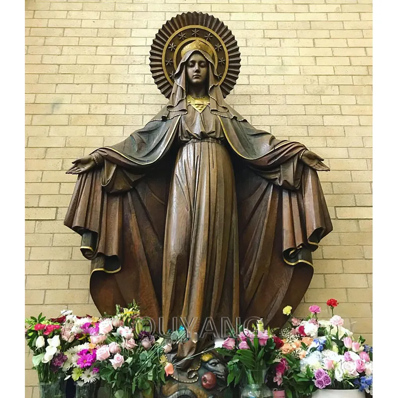 QUYANG รูปปั้นคาทอลิกขนาดใหญ่,รูปปั้นพระแม่มารีทำจากทองเหลืองศิลปะทางศาสนาทำจากโลหะรูปปั้นแมรี่สีบรอนซ์บริสุทธิ์สำหรับจำหน่าย