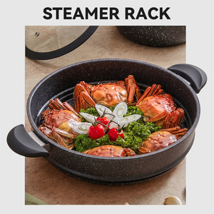 Batterie de cuisine antiadhésive en aluminium pressé, compatible induction, avec revêtement marbré, comprenant marmite à soupe, couscoussier, cuiseur vapeur et <span class=keywords><strong>cocotte</strong></span>, avec couvercle en verre - Product Image 4