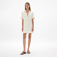Nouvelle Robe Courte Femme Chic Bohème Col Polo Blanc Cassé Col en V Profond Bordure en Corde Tressée Manches Courtes Coupe Droite Personnalisable Vente en Gros