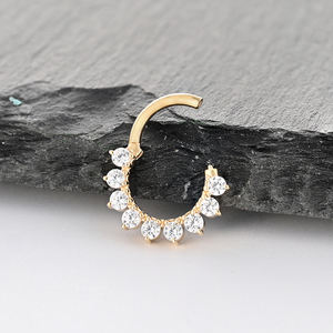 Oem/ODM 14k Rắn vàng bản lề đoạn Clicker móng vuốt thiết lập 9 hạt tròn Zircon vách ngăn mũi Vòng cơ thể xuyên đồ trang sức - Product Image 3