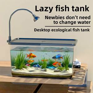 Kit Akuarium Ikan Kura-Kura Rumah Tangga Persegi Panjang dengan Tutup Transparan LED, Akuarium Desktop Air Tawar/Air Asin, Area Berjemur, Ruang Tamu, Balkon - Product Image 3