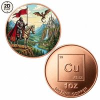 Pièce de monnaie en cuivre pur 999 de 1 once, personnalisée en gros, représentant un chevalier avec un drapeau rouge et un dragon volant au-dessus d'un paysage de château