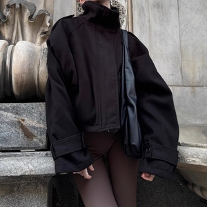 Manteau court en laine pour femme, coupe ample, col montant, tendance - Product Image 5