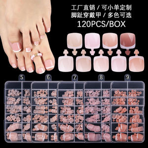 Presse française personnalisée sur ongles acrylique couverture complète brillant court rond conseils carrés blanc rose nude brun ongles artificiels des pieds - Product Image 2