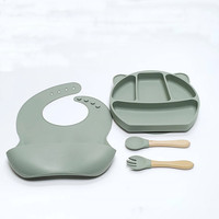Ensemble repas bébé : Plateau d'alimentation rectangulaire en silicone monobloc à ventouses avec compartiments, bavoir et cuillère