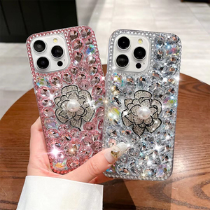 Lusso Bling alla moda perla fiore diamante PC custodia per telefono da <span class=keywords><strong>donna</strong></span> per iPhone 17 14 13 11 16 Pro Max Cover posteriore trasparente in oro - Product Image 2