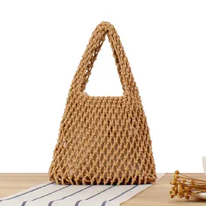 Boho Solid Color Cotton Knitted Hollow Out Beach Bags Girl's Eco Friendly Net Shopping Bag Women Fashion Vacation Handbag