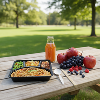 Boîte à lunch jetable en PP de qualité alimentaire à 4 compartiments avec couvercle transparent, compatible congélateur, pour emballage de nouilles et de gâteaux à emporter