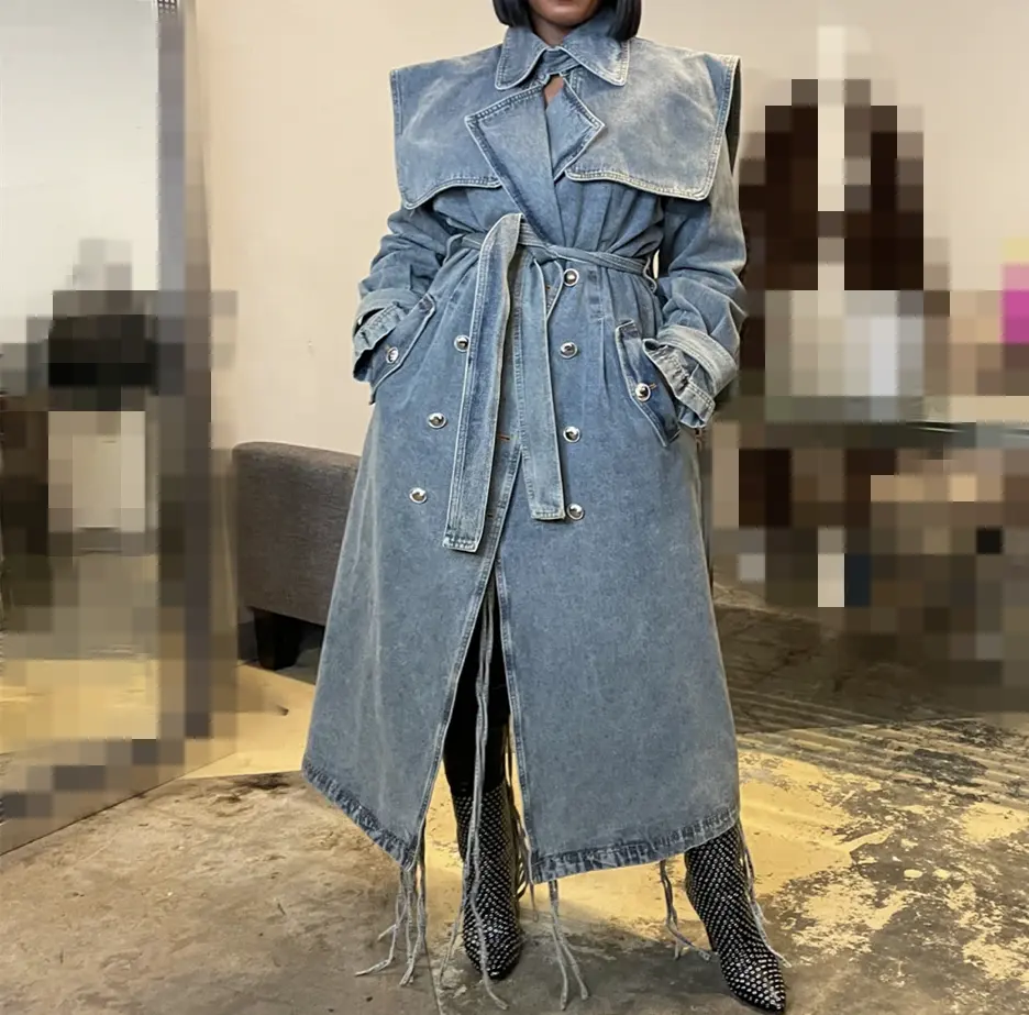 Baru Unik Vintage Mewah Kasual Streetwear Mode Pakaian Musim Gugur Musim Dingin Panjang Jean Jaket Denim Trench Wanita Wanita Jean Coats