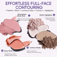 Grosir OEM/ODM MOQ Rendah Tahan Lama All In One Soft Peach Multi-fungsi Tray Tone Blush Bronzer Highlighter Bedak Wajah