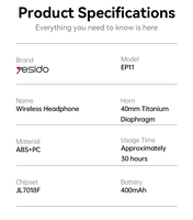 Yesido BT5.4 ANC + ENC casque sans fil 400mAh grande batterie filaire et sans fil casque tête montée BT écouteur EP11
