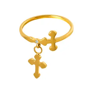 Fashion fine jewelry ring gold plated thin ring cz zircon cross dangle charm ring
