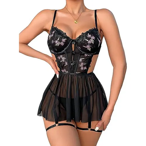 Melhor qualidade das mulheres negras bordado floral malha deslizamento vestido cortado Babydoll Lingerie