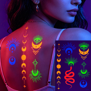 Autocollants corporels phosphorescents, série Boho <span class=keywords><strong>Soleil</strong></span> <span class=keywords><strong>Lune</strong></span> Serpent Œil Maléfique, tatouages temporaires lumineux pour adultes - Product Image 4