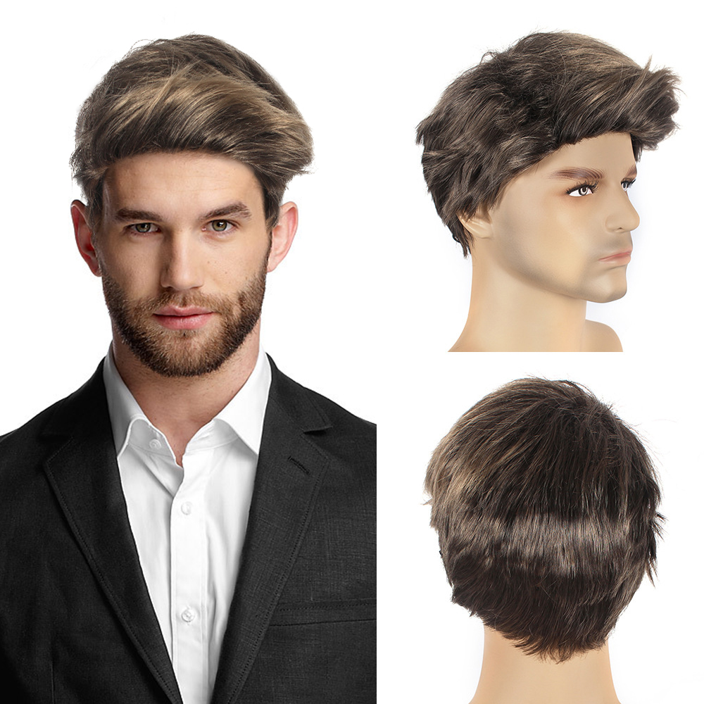 Men's Short Brown Wig Synthetic Hair Smooth Natural Pixie Cut Toupee Straight Heat Resistant Wigs For Male Men