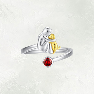 Anillo Abierto de Plata de Ley 925 con Circonita Roja Redonda, Diseño de Perro y Niña, para Amantes de Mascotas - Product Image 2