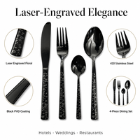 Ensemble de couverts écologiques pour enfants en PVD noir, 4 pièces, manche floral gravé au laser, acier inoxydable 410, pour hôtel, mariage, restaurant