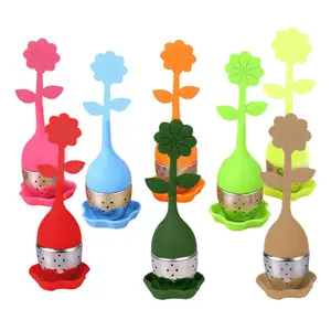 Sunflower Shape Silicone Loose Leaf Tea Infuser Reusable Stainless Steel Filter Tea Strainer With Plate
