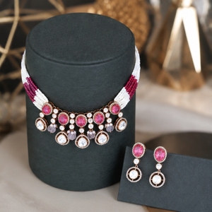Stylish 925 <b>Silver</b> Necklace and Earrings Set with Pink and White Beads Elegant Indian Bridal Jewelry for Women - Product Image 3
