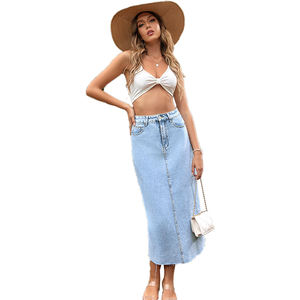 Nhà Máy Cung Cấp Trực Tiếp Chất Lượng Cao Cao Eo Nguyên Liệu HEM Denim Váy Dài Maxi Denim Váy Cho Phụ Nữ - Product Image 2