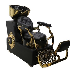 Sillón de Barbería Estilo Antiguo Negro y Dorado, Reclinable, de Cuero y Metal, para Salón de Belleza, Retro, para Lavado de Cabello - Product Image 2