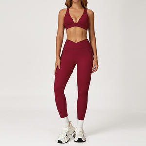 Ensemble de yoga col en V profond et dos nu, leggings évasés taille haute, longueur intégrale, sans couture, couleur unie, Spandex Polyester, 2 pièces - Product Image 6