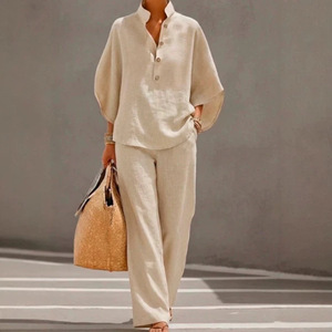 Ensemble décontracté en coton et lin pour femmes, bleu ciel, manches bouffantes, pantalon large, style Europe et Amérique - Product Image 4