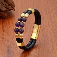 Bracelet artisanal pour homme en cuir avec perles de quartz rutile et améthyste, fermoir en acier inoxydable